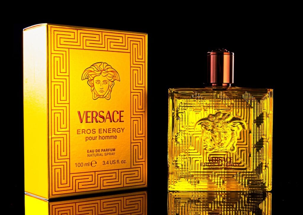 Collection of the best Versace perfumes for men in 2026, including Eros, Dylan Blue, and Oud Noir, displayed in elegant packaging.
