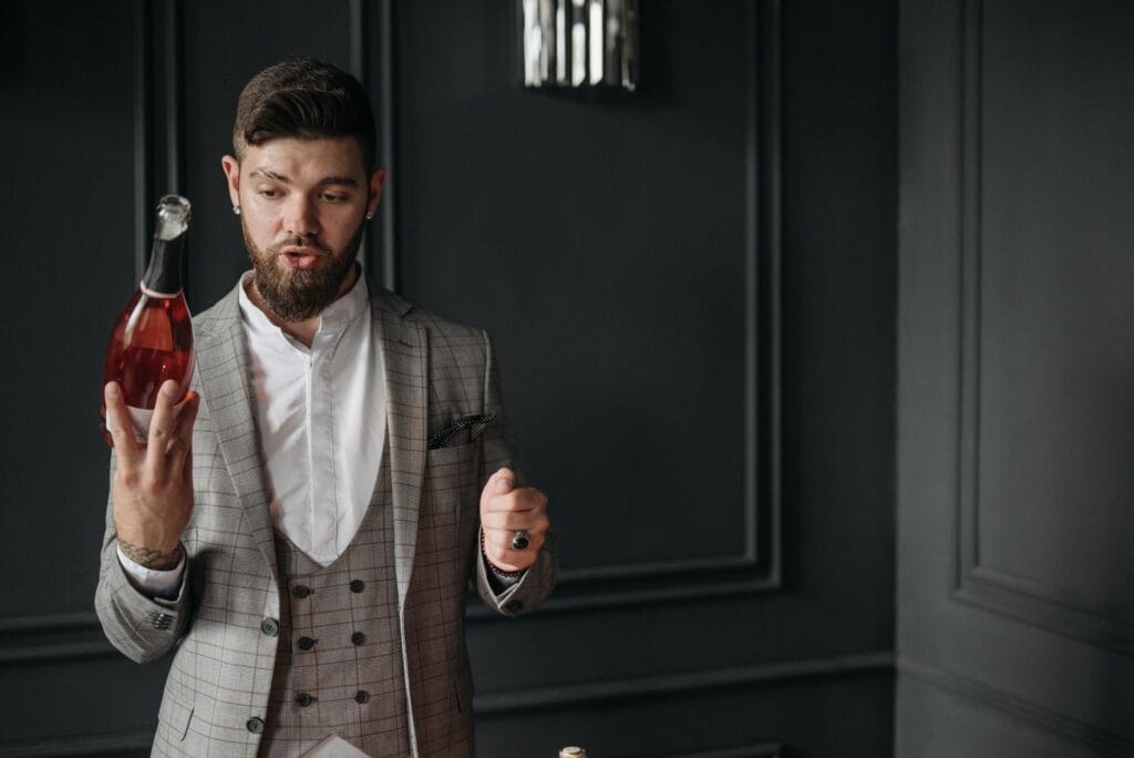A sophisticated man in a tailored suit holding an elegant heritage cologne bottle in a classic wood-paneled library, representing old money fragrances for men.
